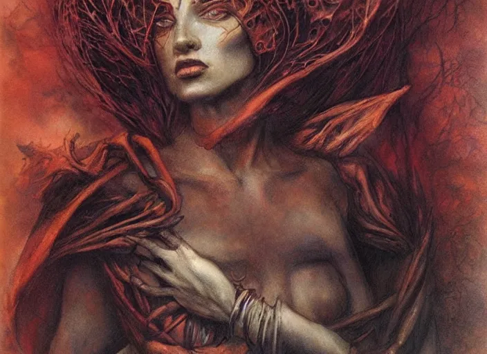 Prompt: portrait of diety of flame, beautiful! coherent! by brom, by brian froud, deep color, strong line, high contrast