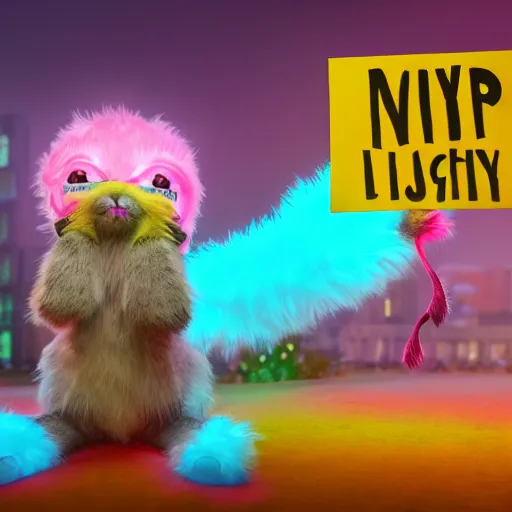 Image similar to cute furry monster holding a placard, colourful, glowing background lighting, hyper detailed, fairy tale, 4 k octane render