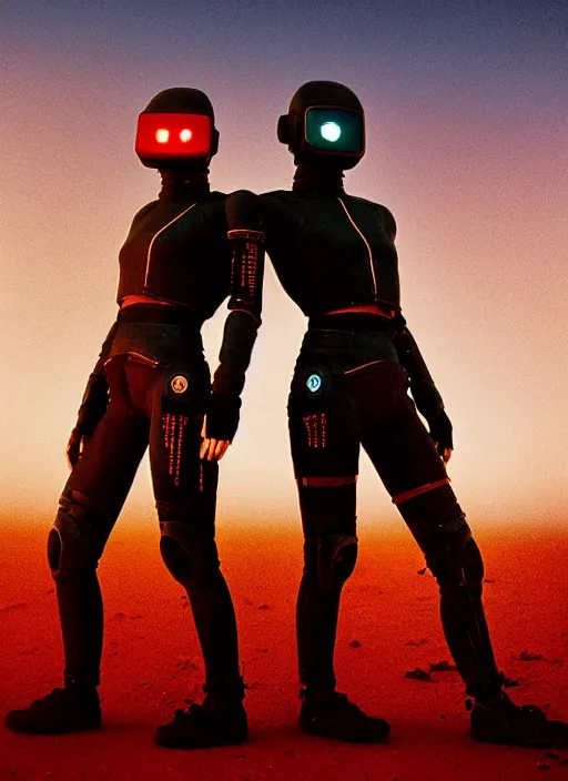 Image similar to cinestill 5 0 d photographic portrait by steve mccurry of two loving female androids wearing rugged black mesh techwear on a desolate plain with a red sky, extreme closeup, dust storm, 8 k, hd, high resolution, 3 5 mm, f / 3 2, ultra realistic faces, cyberpunk 2 0 7 7, ex machina