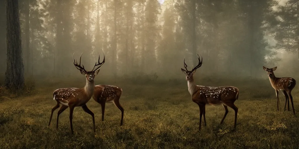 Image similar to forrest with beautiful deer, superwide angle, light through the mist, dramatic lighting, photorealistic, cinematic lighting, high detail, cinematic feel, high octane, 4 k, unreal engine, digital render, intricate, ultra realistic, concept art