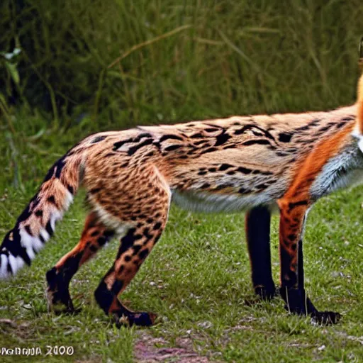Prompt: a photograph of a fox and ocelot hybrid animal