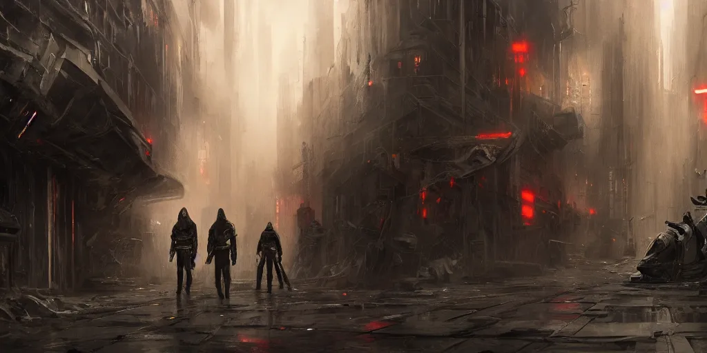 Image similar to a painting of a cinematic keyframe of star wars a dark sith black hooded from behind in a dark dystopian cyperpunk city slums, heavy atmosphere and smoke by greg rutkowski, rule of thirds, golden ratio, ambient lighting, wlop, artgerm, artstation, highly detailed masterpiece, dark fantasy art, high detail, trending on artstation