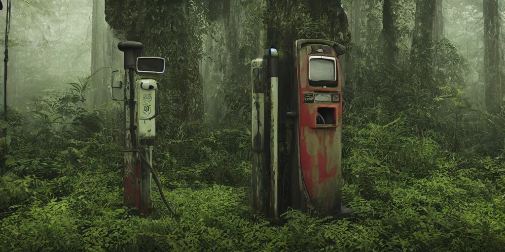 Image similar to old abandoned gas pump somewhere in the rainforest. nature is taking over. mist. cinematic. octane render.