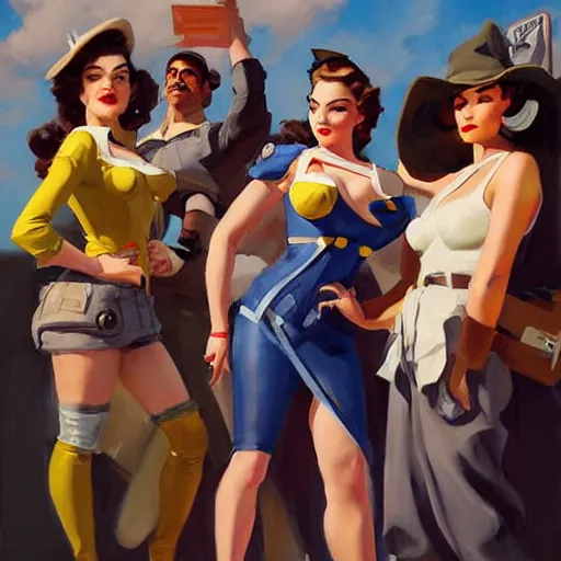 Prompt: greg manchess portrait painting of 1 9 4 0's pinup as overwatch's characters, medium shot, asymmetrical, profile picture, organic painting, sunny day, matte painting, bold shapes, hard edges, street art, trending on artstation, by huang guangjian and gil elvgren and sachin teng