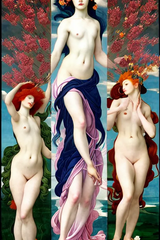 Image similar to 3 Spring Deities, (one representing each month of March, April, and May), in a style blending Æon Flux, Peter Chung, Shepard Fairey, Botticelli, Ivan Bolivian, and John Singer Sargent, inspired by pre-raphaelite paintings, shoujo manga, and unique street fashion, dramatically blossoming flora and fauna, petals falling everywhere, pastel vivid triad colors, hyper detailed, super fine inking lines, ethereal and otherworldly, 4K extremely photorealistic, Arnold render