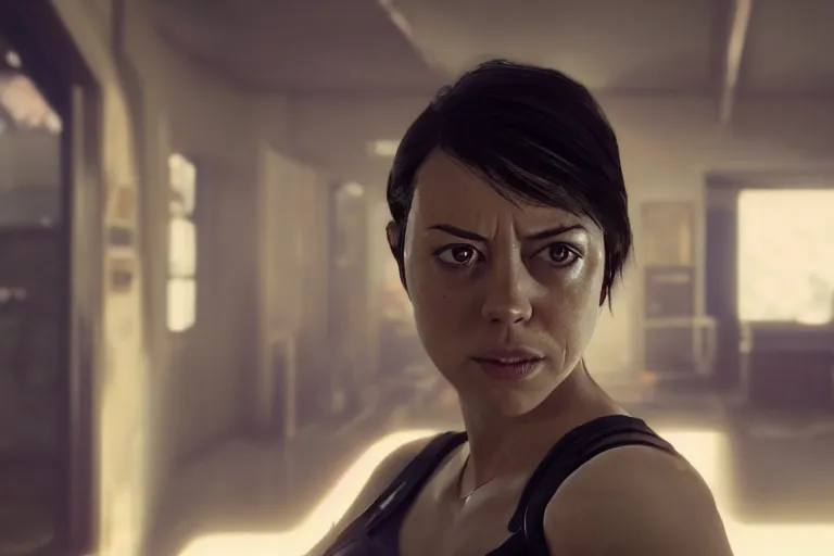 Image similar to a gaming screenshot portrait still of aubrey plaza in resident evil, moebius, greg rutkowski, gloomy night, zabrocki, karlkka, jayison devadas, phuoc quan, trending on artstation, 8 k, ultra wide angle, video game graphics, realistic unreal engine 3 d game, zenith view, cyberpunk pincushion lens effect