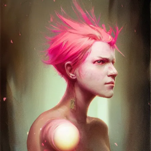 Image similar to Portrait of a tomboy with pink hair, glowing skin, fantasy, by Greg Rutkowski and Dave McKean, pink and gold color palette