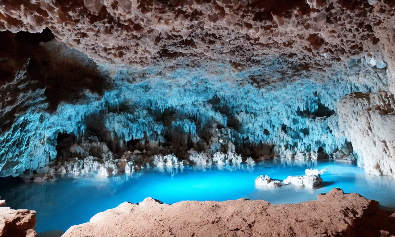 Image similar to an extremely large cave, brightly lit, filled with quartz crystal formations, pools of water