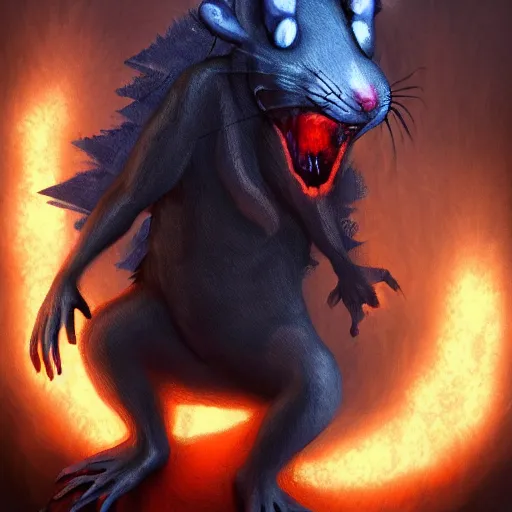 Image similar to painting of a ghostly rat with glowing red eyes, wearing tattered black burlap robes, floating in mist, clutching a blue flame in each hand, anthropomorphic rat, skaven, master splinter, nicodemus, photorealistic, artstation