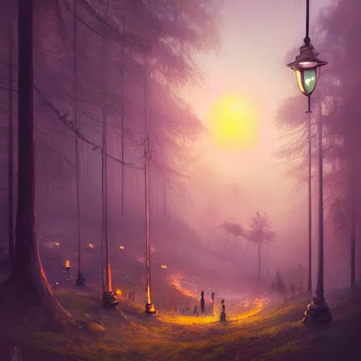 Prompt: victorian fantasy city on a hilltop at night time with old style gas lamps and a glowing sun rising over the misty forest. detailed, painterly, realistic and cinematic with an art deco style by mandy jurgens and beeple