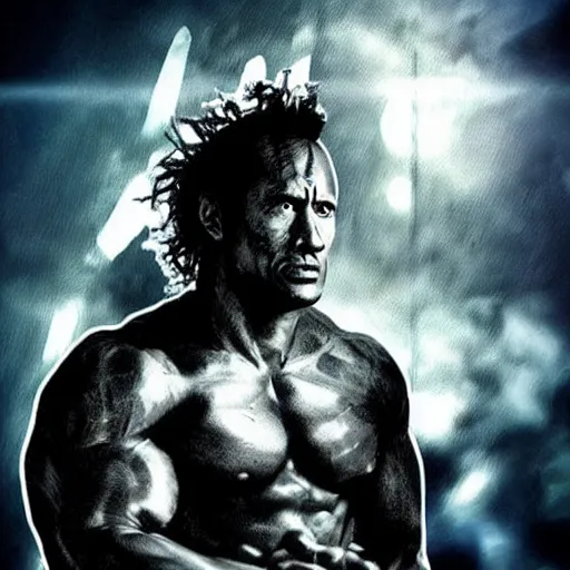 Prompt: “ the rock with hair, shot by christopher nolan, directed by michael bay, concept art ”