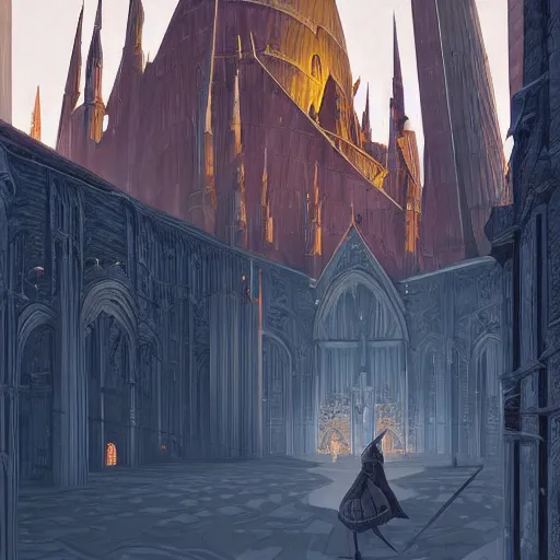 Prompt: A beautiful painting of Anor Londo by Mauro Belfiore, bright colors and bold lines, geometric shapes and patterns, distinctively modern look.