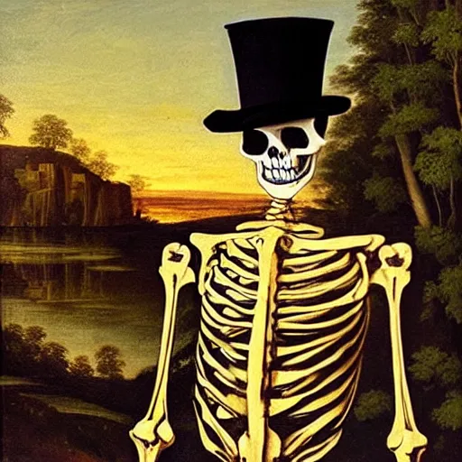 Image similar to Renaissance oil painting of skeleton wearing a suit and top hat at sunset.