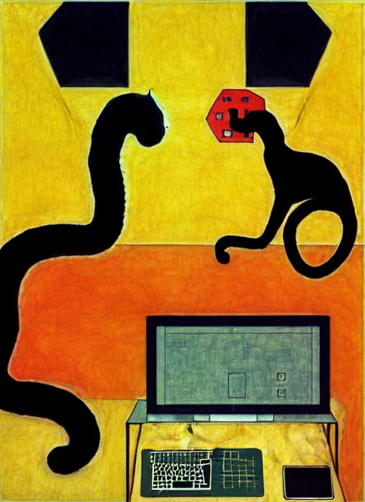 Image similar to creative python programmer with a computer and a cat in geometric harmony, by egon schiele and quint buchholz, portrait, colorful, escher++, detail