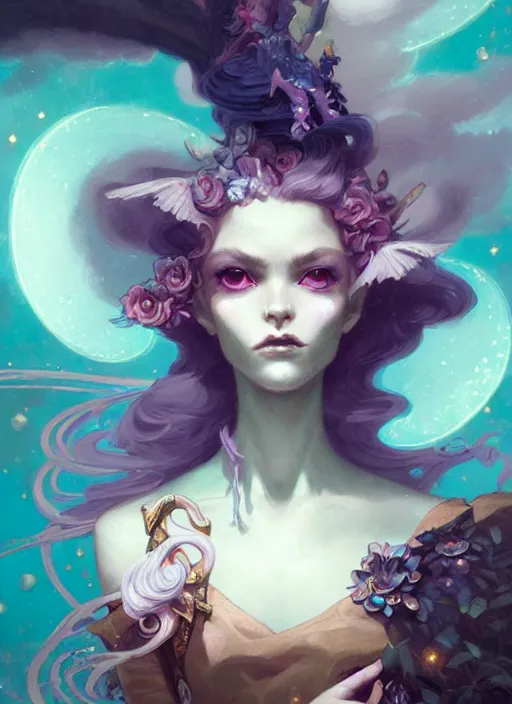 Image similar to close up picture of an maximalist dress magical girl, neat hair, extremely beautiful and aesthetic and detailed cute face and eyes, wipe out evils with cute familiar sprites, chiaroscuro, intricate, masterpiece, fantasy illustrations by peter mohrbacher and anato finnstark and jeremy lipking