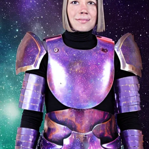 Prompt: photo of a female warrior with galaxy coloured armour