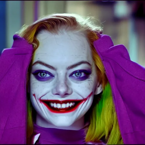 Image similar to Emma Stone playing The Joker smiling maniacally 8k HDR