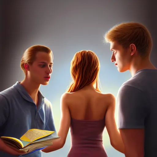 Image similar to hyperrealistic painting of a beautiful young woman holding a book while three men and a woman peep into the book from behind, detailed digital art, trending on artstation