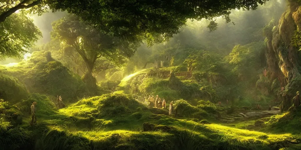 Image similar to lush and beautiful concept art for the shire, lord of the rings, peter jackson, studio ghibli, detailed, realistic lighting, volumetric lighting, golden hour,