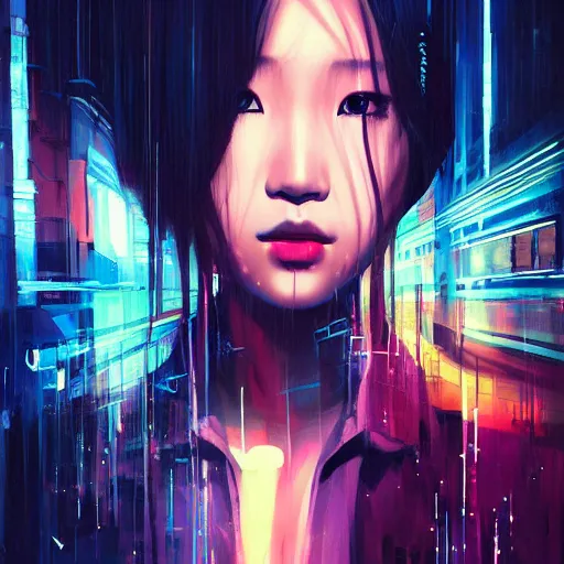 Prompt: a beautiful painting artwork portrait of a kpop icon on a rainy night, cyberpunk, by ilya kuvshinov featured on artstation