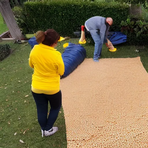 Prompt: removing yellow carpet underlay one man and one woman exhausted while eating almonds