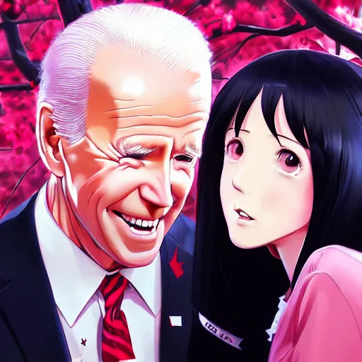 Image similar to photorealistic Joe Biden meets a beautiful smiling anime girl with black hair and hime cut sitting under a tree, Stanley Artgerm Lau, WLOP, Rossdraws, Ilya Kuvshinov, artstation