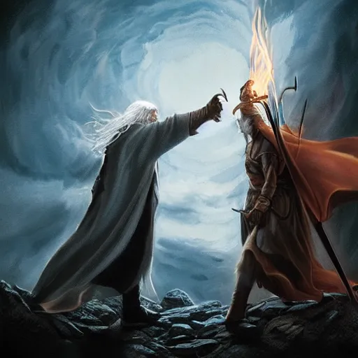 Image similar to Gandalf fight Sauron in an epic fight, dramatic lighting, artstation, hyperdetailed, high resolution, in the style of Christopher Tolkien