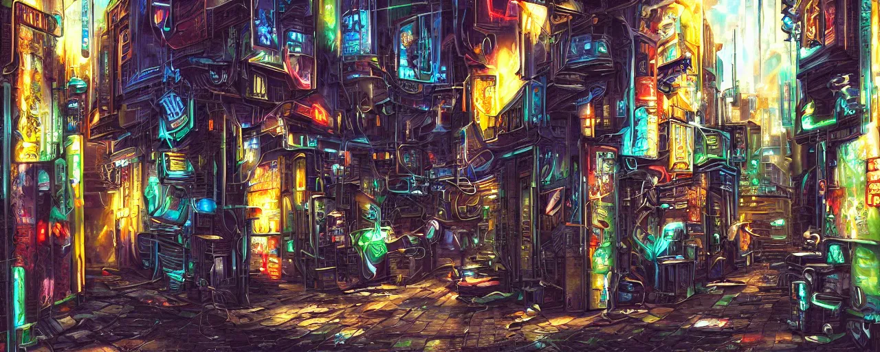 Image similar to airbrushed painting of a cyberpunk alleyway