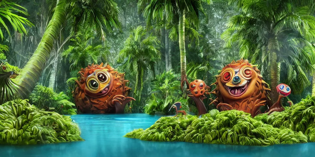 Image similar to of a tropical rainforest lake with strange cute friendly happy creatures with huge eyes, mouth, long tongue, round teeth and goofy face, appearing from the water, in the style of gehry and gaudi, macro lens, shallow depth of field, ultra detailed, digital painting, trending artstation, concept art, illustration, cinematic lighting, photorealism, epic, octane render