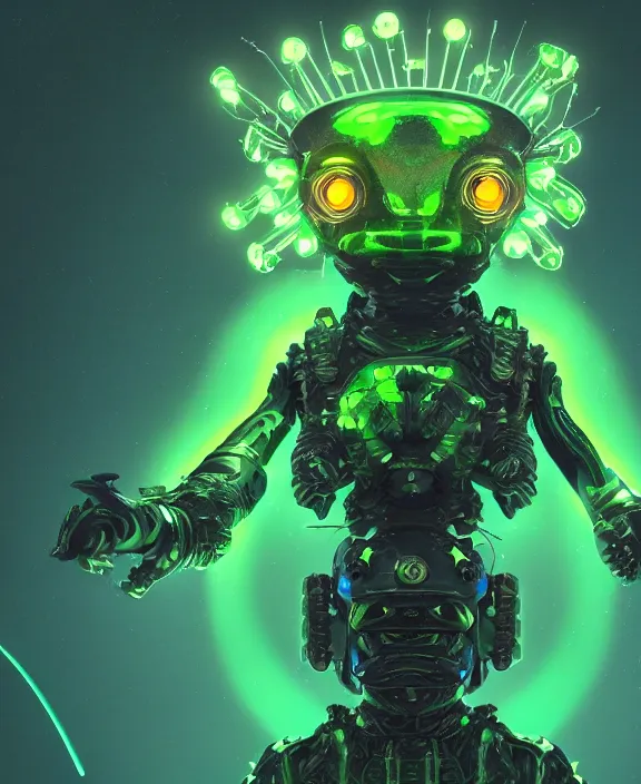 Image similar to a detailed character concept of a menacing armoured alien with glowing green eyes and a crown of jade and topaz crystals by Beeple, 4k resolution, photorealistic