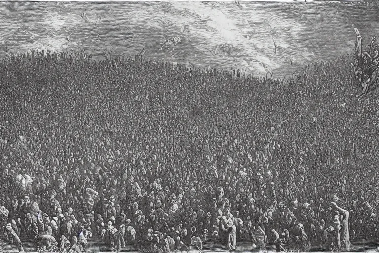 Image similar to aerial view, crowd of people looking up, Gustave Dore lithography