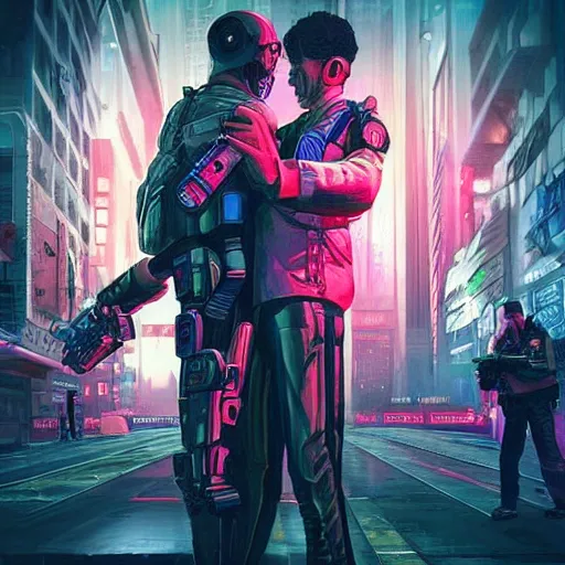 Image similar to realistic, symmetrical, cyberpunk city, man and women in love in a gunfight with robot police. @ philosorapper! dream realistic, symmetrical, cyberpunk city, man and women in love in a gunfight with robot police.