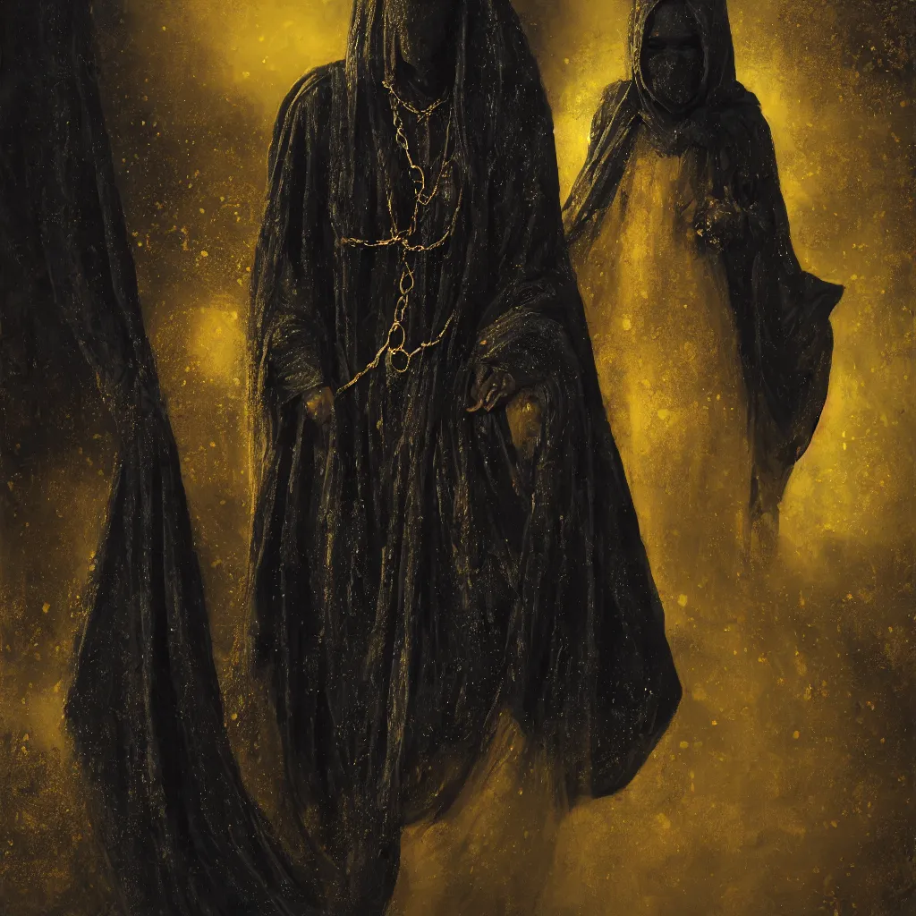 Image similar to a portrait of a young black woman wearing a long dark cloak, hood and shadows covering face, holding golden chains, oil painting, matte painting, black background, Volumetric Golden dappled dynamic lighting, Highly Detailed, Cinematic Lighting, Unreal Engine, 8k, HD, by Beksinski