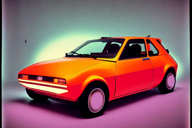 Prompt: designed by giorgetto giugiaro stylized poster of a single yugo, thick neon lights, ektachrome photograph, volumetric lighting, f 8 aperture, cinematic eastman 5 3 8 4 film