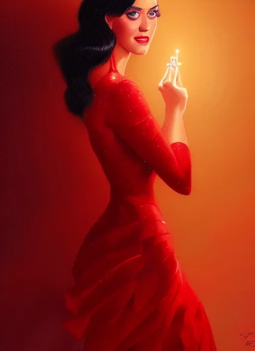 Image similar to portrait of katy perry in a red dress, intricate, elegant, glowing lights, highly detailed, digital painting, artstation, concept art, smooth, sharp focus, illustration, art by wlop, mars ravelo and greg rutkowski