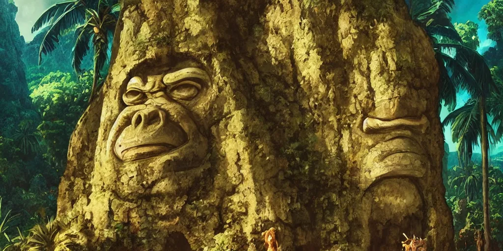 Image similar to ”a huge primitive monkey’s head catved out of stone with a mouth as an entrance to a cave inside, [caribbean, jungle, palm trees, beach, wide angle, side view, cinematic, monkey island, art by wlop and paul lehr]”