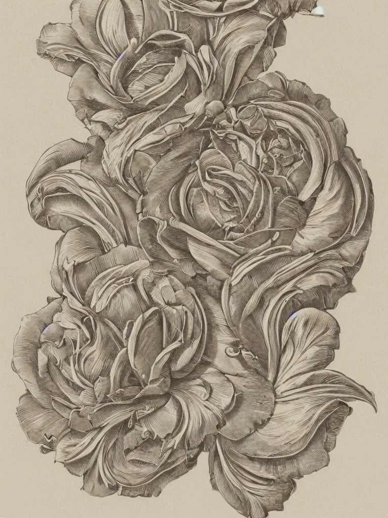 Prompt: beautiful decorative classical ornamental emblem, fibonacci rhythms, roses, lilies, rose petals, leaves, stems, highly detailed etching, radially symmetrical, rendered in octane