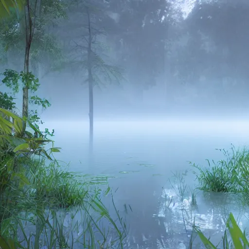 Prompt: Misty lake in the middle of the jungles, 8k, detailed, concept art, trending on artstation
