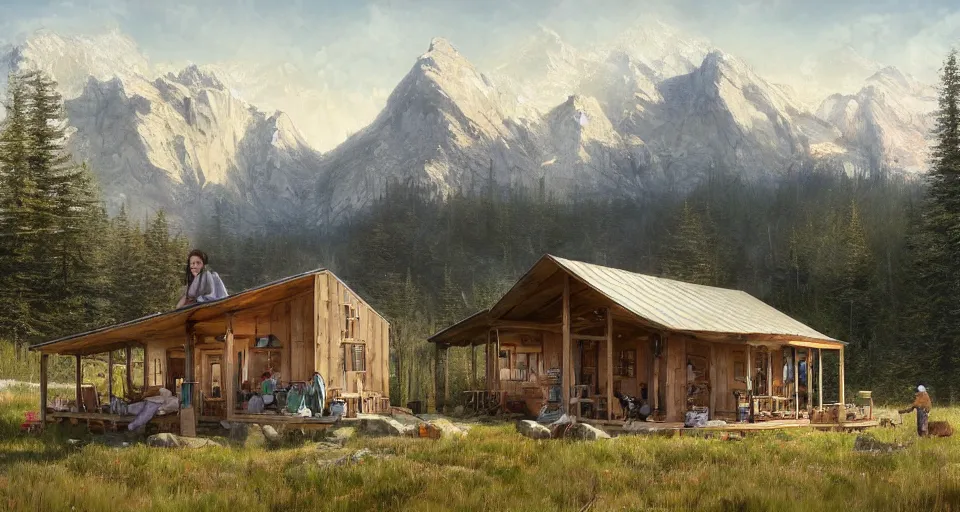 Image similar to cabela's beautiful comfortable modular pop - up insulated all terrain family dwelling, cabin,, person in foreground, mountainous forested wilderness open fields, beautiful views, painterly concept art, joanna gaines, environmental concept art, farmhouse, magnolia, concept art illustration, by james gurney, by craig mullins, by greg rutkowski trending on artstation