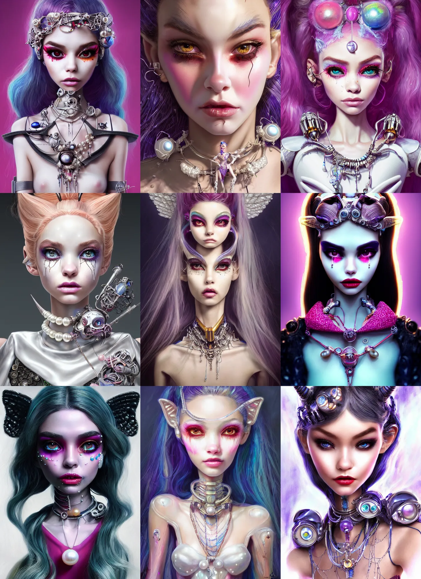 Prompt: pixar weta portrait, beautiful porcelain white honey crystal raver clowncore pearl devil angel madison beer cyborg woman, candy jewelry, sci - fi, fantasy, cyberpunk, intricate, elegant, highly detailed, digital painting, ever after high, octane render, artstation, concept art, smooth, sharp focus, illustration, art by artgerm, loish, wlop