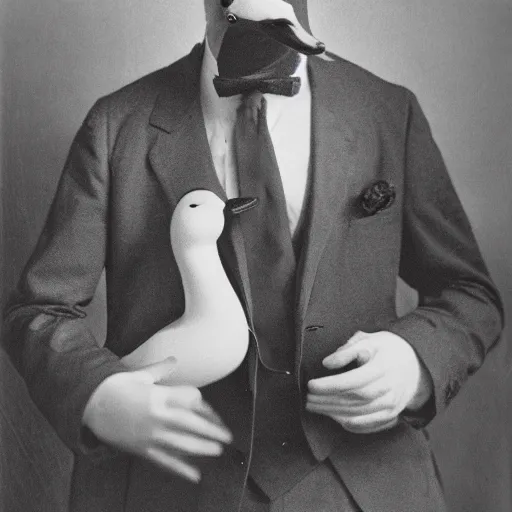 Image similar to a high detail photo of a man with a duck's head wearing a suit, antropomorphic, photorealism