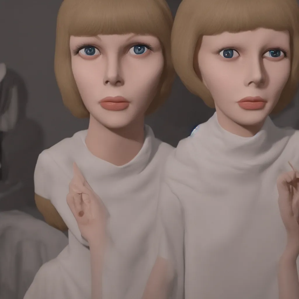 Prompt: 1 9 6 0 s mia farrow as a life size animatronic manaquin by margaret keane, big glass eyes, real hair, dimly lit, liminal space, haunting atmosphere, unrealengine octane render, 8 k