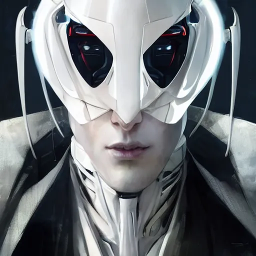 Image similar to portrait of a character with many robotic eyes, wearing sleek clothes, wearing a flowing white tailcoat, wearing a futuristic insectoid armored white mask with five circular lenses for eyes, many eyes, dramatic lighting, illustration by Greg rutkowski, yoji shinkawa, 4k, digital art, concept art, trending on artstation