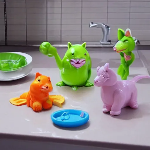 Image similar to some cute plastic toys that look like animal characters washing dishing in the kitchen, pastel colors