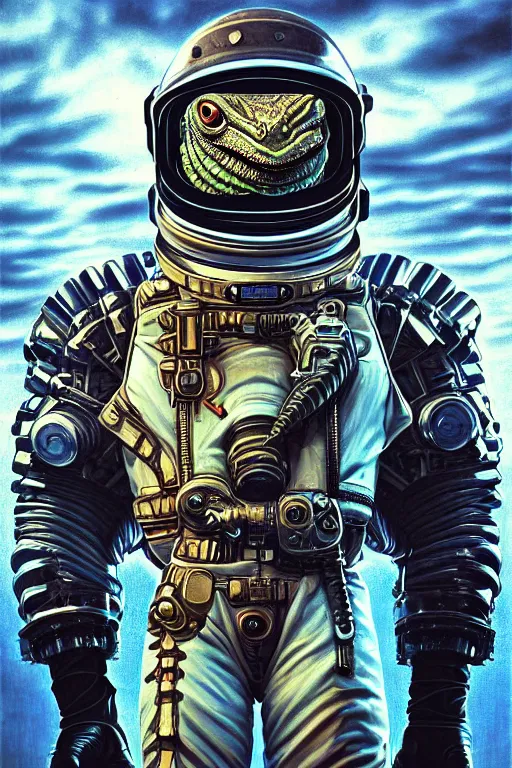 Image similar to a portrait of a muscular anthropomorphic cyberpunk basilisk lizard with big head in spacesuit armor with ensignia on chest plate by sandra chevrier, by jon foster, detailed render, pistol in holster, tape deck, epic composition, cybernetics, 4 k realistic, cryengine, realistic shaded lighting, sharp focus, masterpiece, by enki bilal