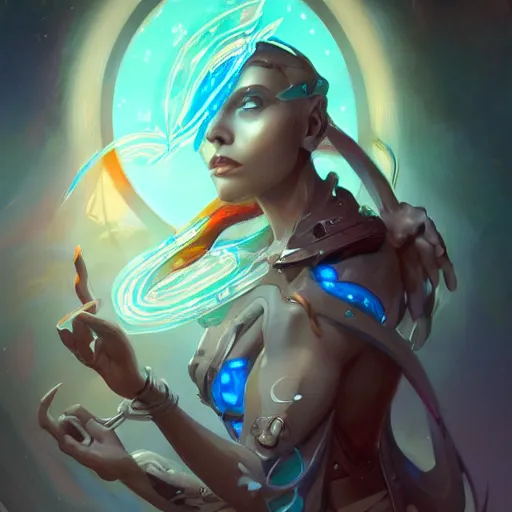 Prompt: portrait of a beautiful metaphysical cybernetic emanation, concept art by pete mohrbacher and artgerm and wlop, digital art, highly detailed, intricate, fantasy, mystical, sharp focus, Trending on Artstation HQ, deviantart, unreal engine 5, 4K UHD image