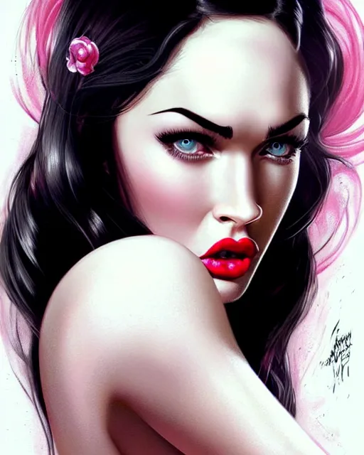 Image similar to 3 d megan fox with dark eye makeup and pink glossy lipstick, long windblown black hair, seductive camisole, pinup, intricate, glamorous fashion pose, sharp focus, illustration, highly detailed, digital painting, concept art, art by wlop and artgerm and ross tran, masterpiece, fritz willis, fine, arney freytag, charlie bowater, loish
