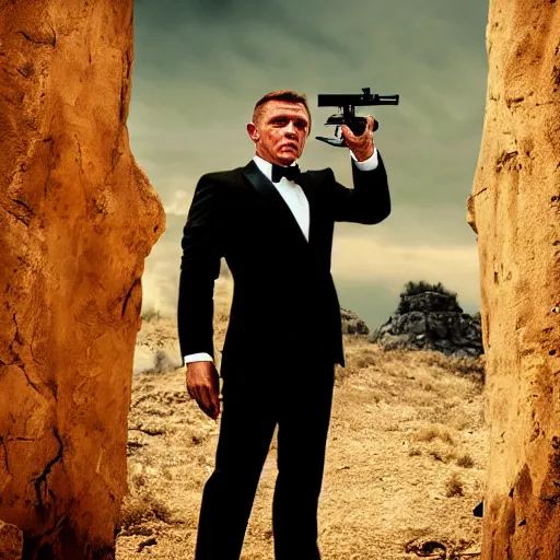 Image similar to George Cooney as James Bond, with pistol, cinematic photograph, dramatic background