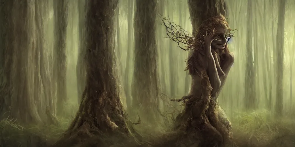 Prompt: a wood spirit in the trees, will o the wisp, photorealistic, by wlop, 4 k resolution h 7 6 8