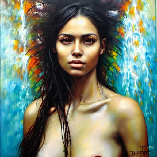 Prompt: portrait of a young beautiful brazilian woman, nature elements, waterfalls, painting, by dimitra milan, by tim okamura.